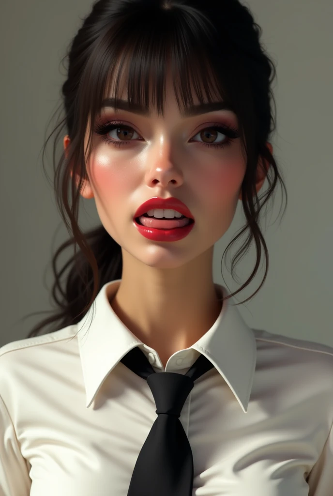 1 naughty Spanish woman with straight hair up, Straight bangs, brown color,dark eyes, big eyelashes, made up, thick lips, parts,lower lip bite, mischievous smile, very unbuttoned white shirt, black tie, realism 