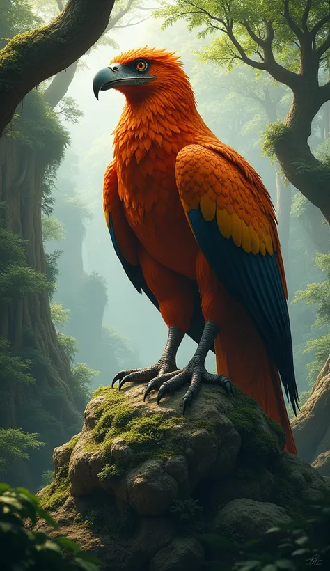 In a forest. A huge dangerous Orange Fliginder Bird is standing on a rock.image in real hd.