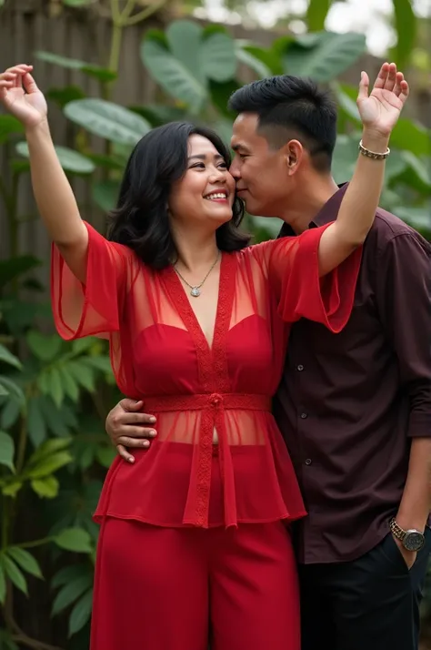 Beautiful Indonesian woman aged 42 years, beautiful plump wearing a thin transparent red kebaya with big breasts and standing raising her hands in the air being kissed by a man, the background is a wall of plants and a bright atmosphere, and very real, hig...