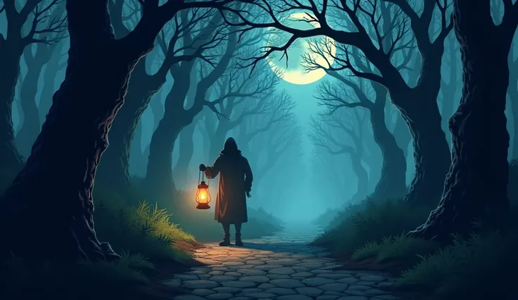 ***horror darkness night**A misty forest path lit by a single flickering lantern with shadows moving between trees.cartoon