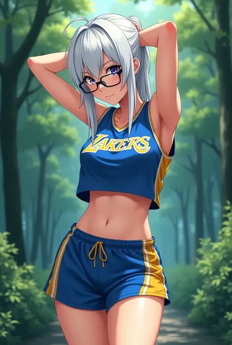 A shy anime girl, lakers uniform cian, shorts cian, t-shirt, navel, abs, strong abs, trees background, arms behind head, shy smile, pose sexy, stretching, curved torso, legs crossed, hair white, white eyes, muscule, fit girl, muscule female, big breasts, g...