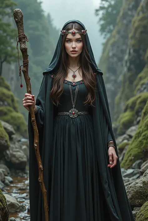 realistic full body image of a young woman, beautiful, white and perfect skin, symmetrical face, with beautiful, big, light blue eyes, long dark brown hair, Small nose, red and plump lips, perfect curvy body dressed in medieval witch wicca priestess costum...