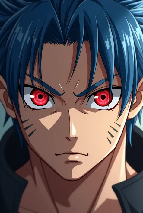 Jellal Fernandes with red Sharingan eyes close up