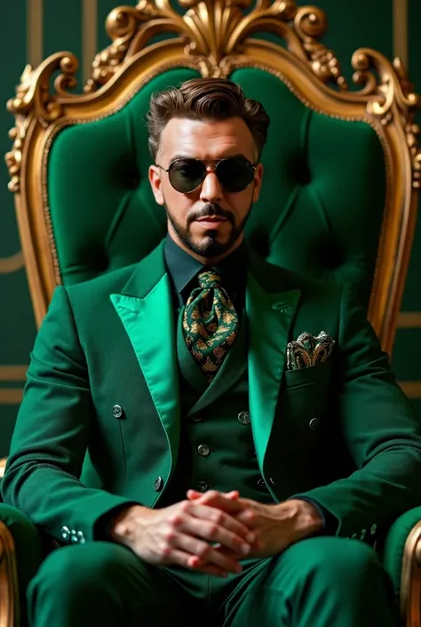 The most handsome Man in a green suit and sunglasses on earth today wearing Victorian clothing, royal green, sitting on a green throne chair