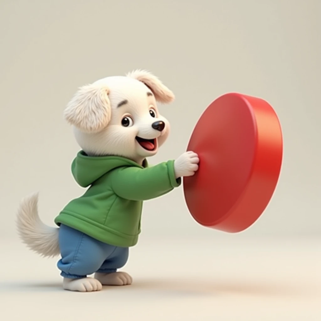 "A realistic image of young white dog standing upright on its hind legs, wearing a green hoodie and blue pants. The dog has one paw extended, pressing a large red button in front of it. The scene is set against a simple, neutral background, highlighting th...