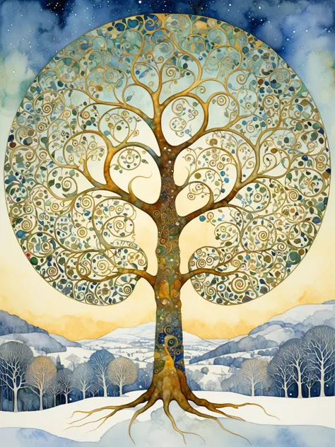 tree of life in winter scenery, artistic impressionist watercolor paint by gustav klimt, geoffroy thoorens, james christensen, i...