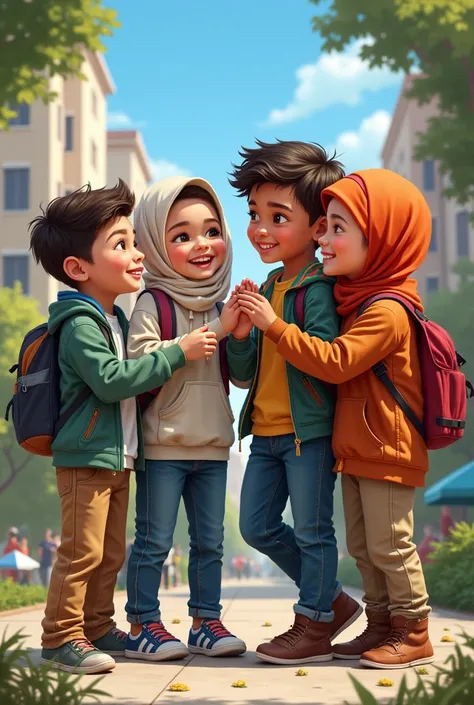 4 people 3 boys and one girl in hijab
