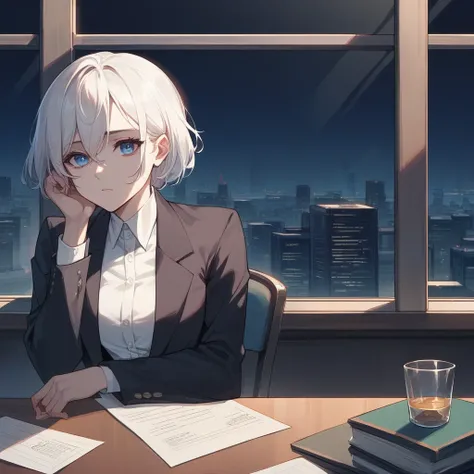 POV middle aged woman with white hair and expressionless blue eyes, dressed in a black suit, sitting behind a desk, reviewing documents, in the background a glass window overlooking the city at night.