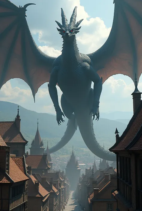 A huge black dragon flying over a medieval city.