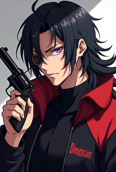 A Square Profile Picture having a cool  anime guy , Long Black Hair , Purple Eye , Mid tanned , Mature Looking , One Eye Butler Glass , Black and red Jacket , with Revolver aiming at screen , Jacket has Name printed as "Dimension",