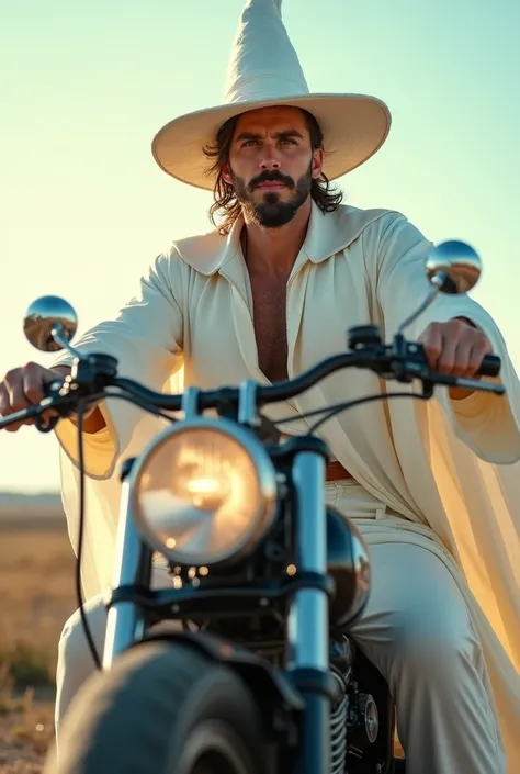 Close-up of a handsome and beautiful man dressed as a white wizard on a bobber motorcycle. Clear image in daylight