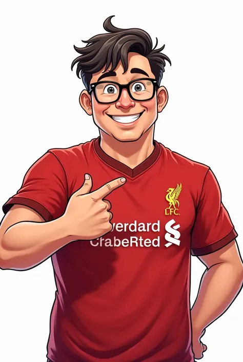 DC Comics Cartoon-style image of a slightly Portly youngman about 30 years old, with short hair black hair and smiling glasses in manga style, and making a minihardhand. He wore a red Liverpool shirt on the inside, The background is white. --ar 2:3