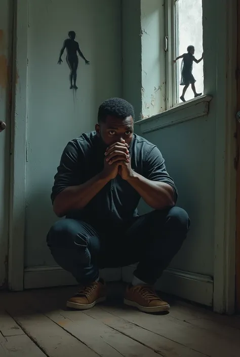 Create a portrait of a african american man crouched in fear in the corner of a room, in this room his emotions are personified, wondering around looking to reenter their host