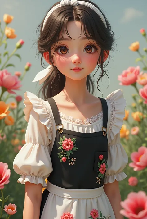 Girl with a lively face in a long black skirt with big flowers, White blouse with lace on the neck with flowers, white apron with a pocket that has flowers, white scarf tied to the hair and sandals