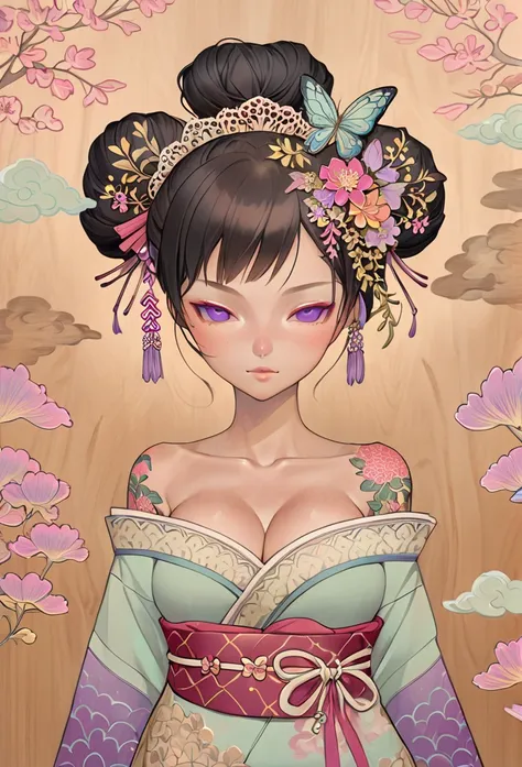 a mesmerizing surreal illustration of a young japanese woman resembling shinobu kouchou. she has black hair, purple eyes, a butt...