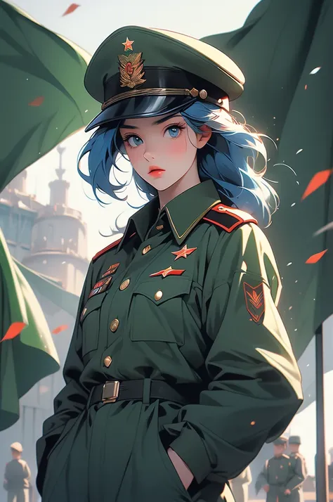 1girl, soviet, military cap, green dictator uniform, hand in a pocket, fierce, red flags, blue hair