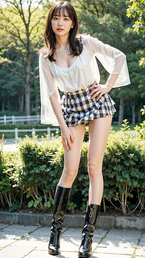 (8k、RAW Photos、Best Quality、masterpiece:1.2)、(Realistic、Realistic)、1 person、((Cleavage、See-through、mini skirt、Black and white、whole body、View from the front、Stand with hands on hips、boots、garden、Leaning forward、Looking into the camera))、cute