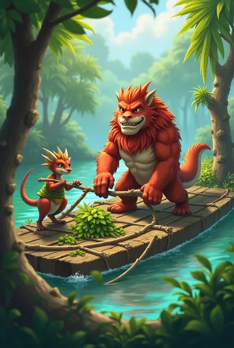 With Raja’s strength and Spike’s nimble claws, they gathered fallen branches, leaves, and vines. Together, they worked as a team, building a sturdy raft. Alex marveled at how well they worked together. Once the raft was ready, 
