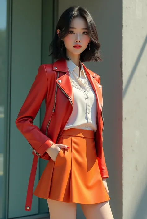 leather jacket, Tennis skirt, blouse, Korean woman 