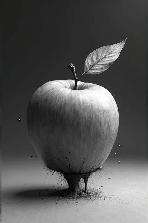 Force of gravity seen on a black and white apple that looks like a pencil drawing