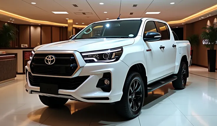 white color full HD picture 2025 Toyota Hilux GR sport pickup truck showroom background logo 2025 Toyota Hilux GR sport pickup truck luxurious showroom 