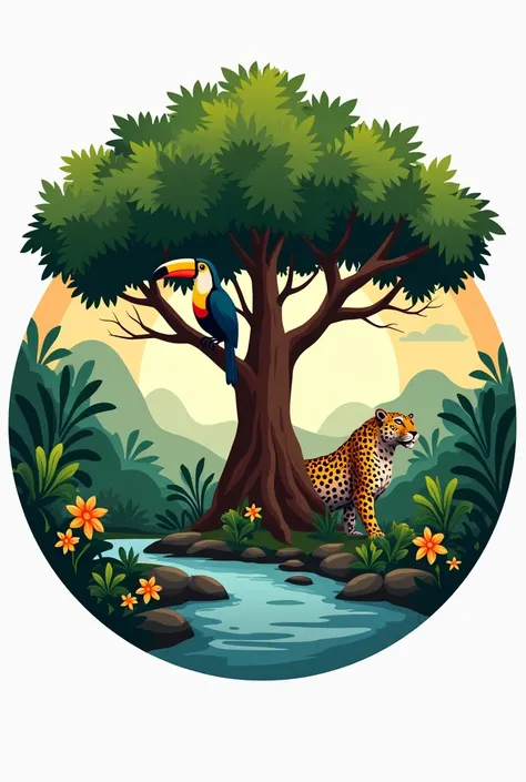 "Create a circular logo featuring elements of the Amazon rainforest. In the center, depict a vibrant, lush tree with large green leaves, symbolizing the rainforest’s richness. Surround the tree with wildlife like a toucan perched on a branch, and a jaguar ...