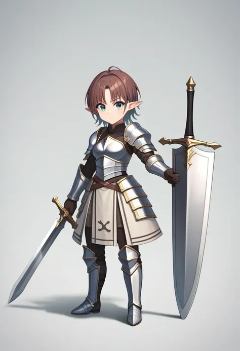 chibi,a female character with brown hair in armor standing next to a large sword, 1girl, shield, weapon, armor, sword, solo, poi...