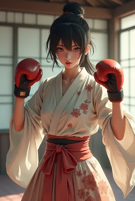 Girl in boxing gloves, kimono, fighting stance