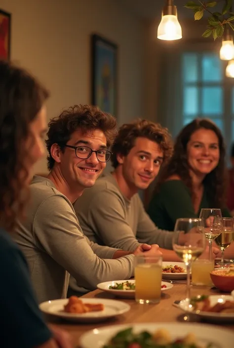 2 middle class young man, wearing glasses, basic clothes, hair a little messy. He is sitting with his back turned at a dinner table with several smiling people and looking mischievous.. They are in an apartment in the east zone of Rio de Janeiro