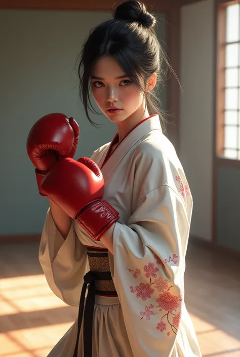 Girl in boxing gloves, kimono, fighting stance