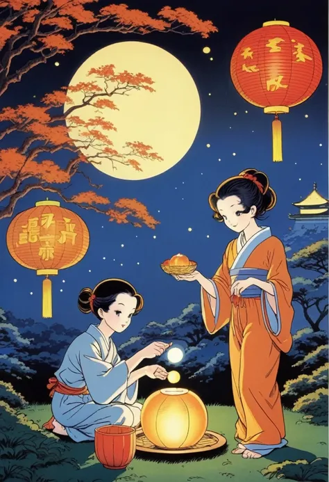 Mid-Autumn Festival, by Osamu Tezuka.
(best quality, masterpiece), very aesthetic, perfect composition, intricate details, ultra-detailed, vivid colors