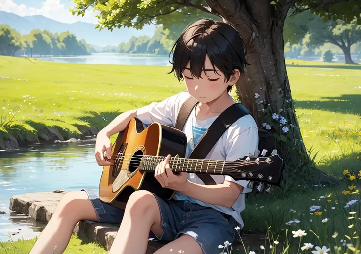 Boy playing guitar under tree beside river in grassland with little flowers and breeze with sunny day...