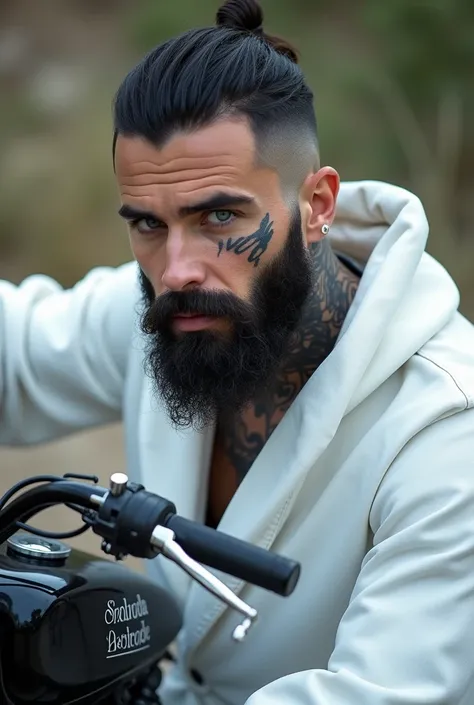 Close-up of a handsome and beautiful man, long black beard, short black tattooed hair, dressed as a white wizard in a white robe, on a bobber motorcycle. Clear image in daylight