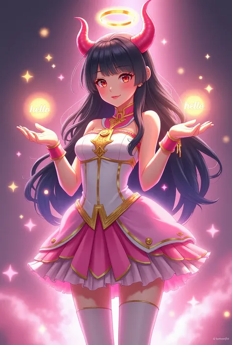 young asian woman, black hair with colored highlights, white and pink magical girl uniform, gold details on their clothes, pink horns, pink gloves, halo on your head, hello in every hand, a pink and white puffy skirt, a dark pink aura emanating around the ...