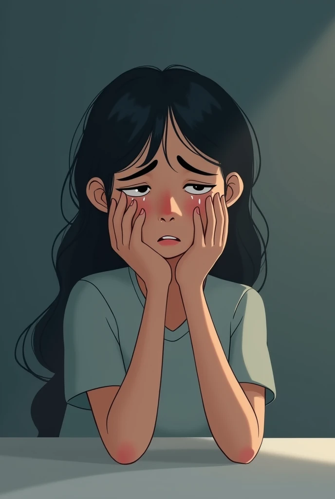 Young woman crying with her hands on her face for me to make a video about depression woman in cartoon and with tears 