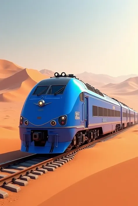 Here’s an updated prompt based on your description:

"A blue North East Express train with multiple coaches fully visible from a side angle, moving across a desert landscape. All the coaches are aligned in a clear, uninterrupted view, with no reflections o...