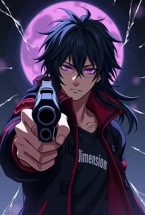 cool  anime guy , Long Black Hair , Purple Eye ,tanned skin  , Mature cool Looking , One Eye Butler Glass , Black and red Jacket , with Revolver aiming at screen and screen crack effect  , Jacket has Name printed as "Dimension", Dark Sky with zodiac stars ...