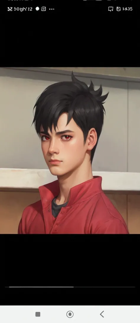 A boy with black pointy hair, red clothes, black eyes 