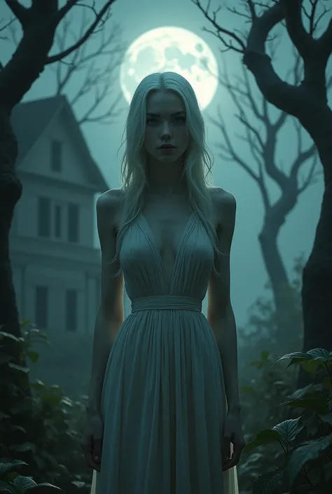 a creepy yet beautiful pale woman, sexy, dress, haunted forest, dark atmosphere, abandoned house, detailed face, long hair, flowing dress, moonlight, mist, cobwebs, gnarled trees, overgrown foliage, eerie lighting, moody colors, dramatic shadows, photoreal...