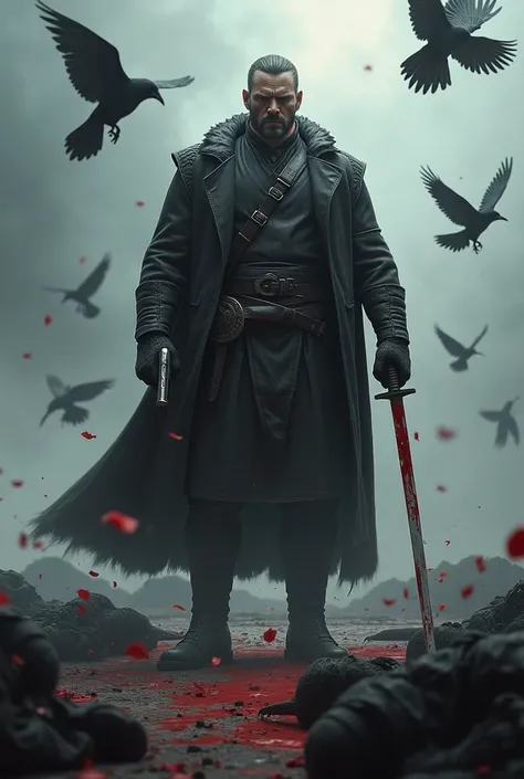 (photorealism:1.2), A firm and dignified face, body, a pistol in one hand, blood on a Japanese samurai sword in the other hand, crows behind him, dead people at the bottom.