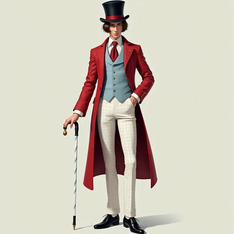 a thin man, pale skin, Brown hair bob cut, brown eyes. He wears a black top hat., red coat, white gloves, pale blue vest, a light blue shirt, a red tie with blue stripes, White pants with a checkered print, some black shoes, A white cane with light blue st...