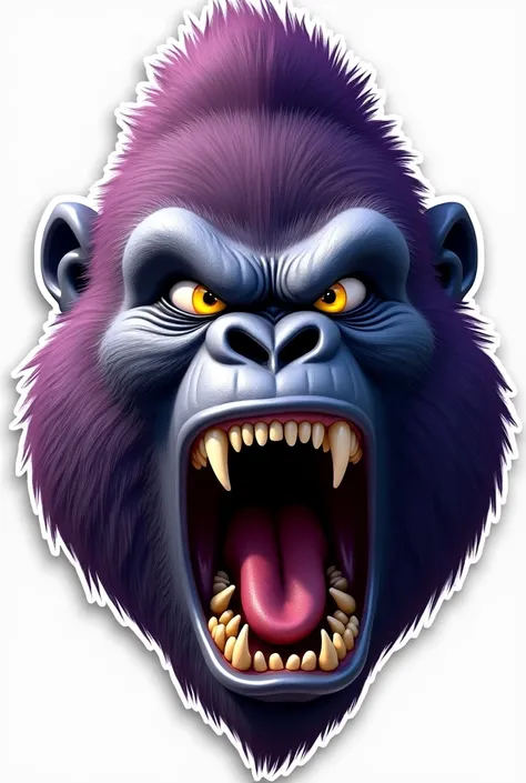 Angry Gorilla Face (front position, open mouth, big teeth, yellow eyes), fur (purple, negro, silver), (high quality, relation 1:1), Hyperrealism style, Pixar style, White background, sticker