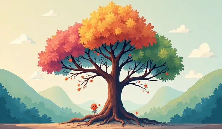 The tree has a large trunk and branches that are decorated with small orange flowers and green leaves. The leaves are arranged in a way that creates a sense of depth and dimension. The branches are also decorated with orange flowers. The background is a li...