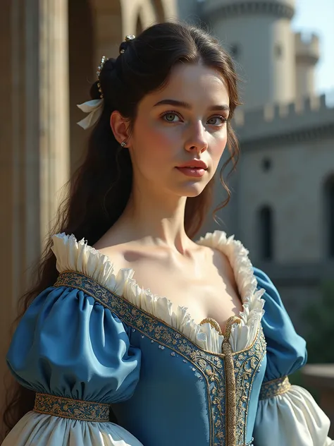 Beautiful princess in blue-silver dress, 16. century, background is casttle, hight detail face