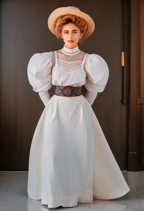 A gorgeous well-endowed 14yo blonde Gibson Girl bimbo (((fondled by a large horny 69yo gentleman behind her:1.5))). Year 1902. (((1900_dr3ss))). Short girl with an hourglass figure wearing an elegant white Edwardian outfit consisting of a high-collar long ...