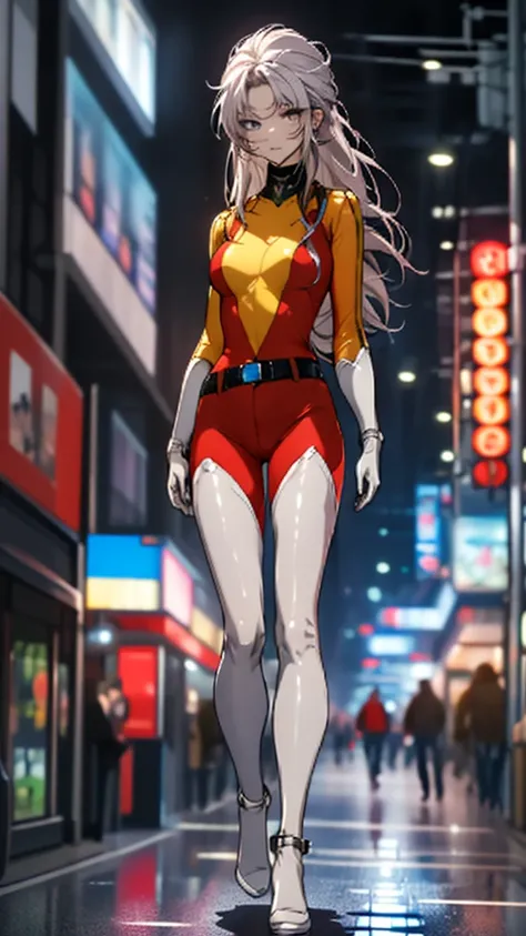 ((full body)),masterpiece, Best Quality, Alone, One girl, Outdoor,Maria, Red bodysuit, Yellow bodysuit, belt, White gloves,