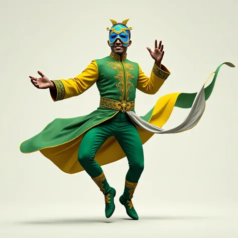 Wear a uniform in green colors, yellow, blue and white, representing the Brazilian flag. His outfit is predominantly green, with gold details along the arms and legs, symbolizing the wealth and vitality of the nation. He wears a blue Carnival mask with a g...