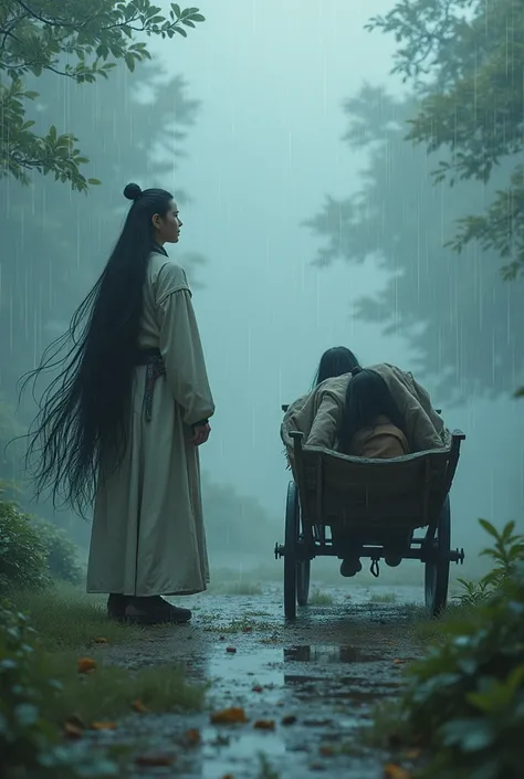  xinxia world turned years old, long hair, watching as another with long hair hides from the rain under a cart 