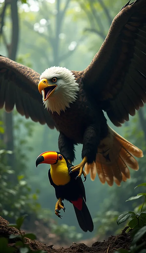 In a forest, a huge dangerous eagle has killed a toucan bird with its claws and is sitting on it.image in real hd.