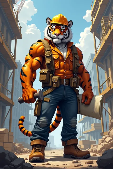 Illustrate a tiger engineer construction mascot (Construction), 21st century realist, with tools 